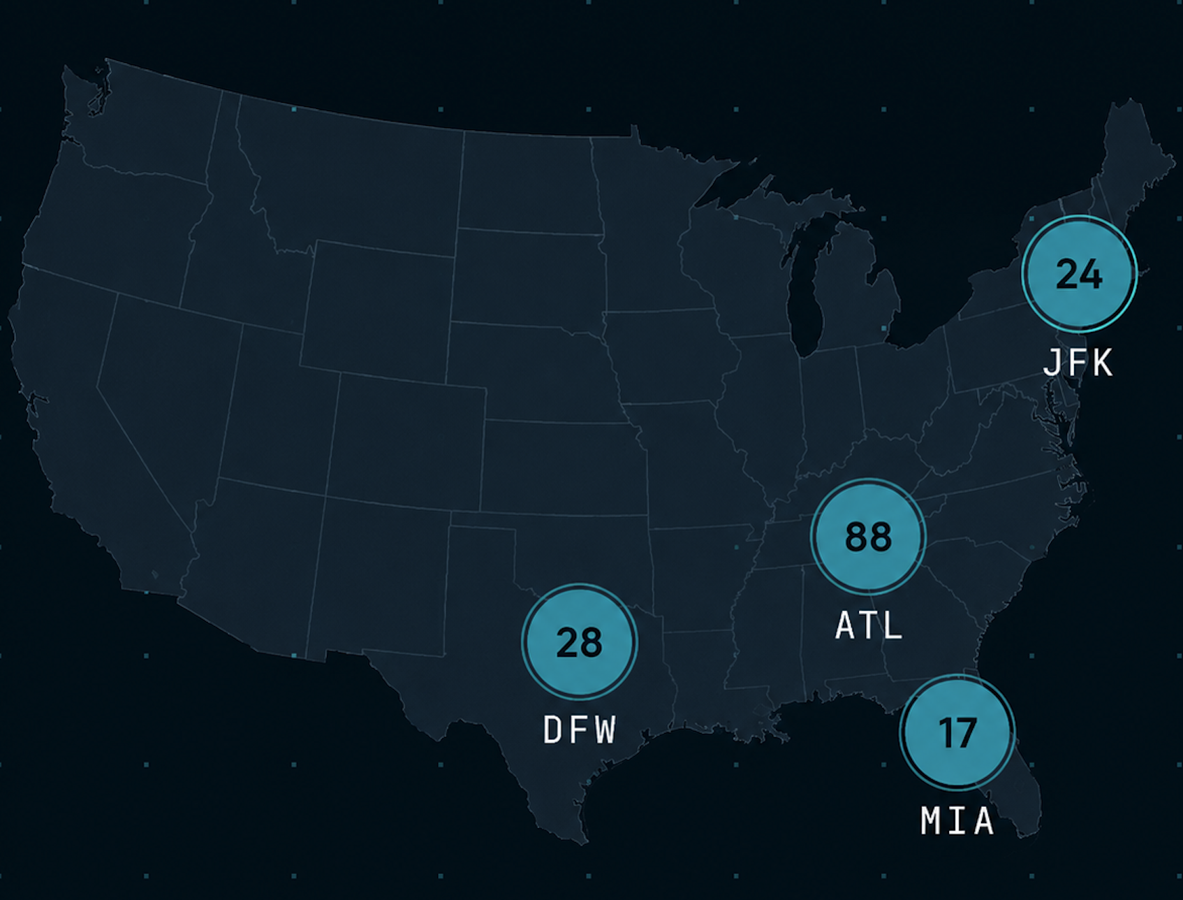 Airport operations map showing JFK, ATL, DFW, and MIA
