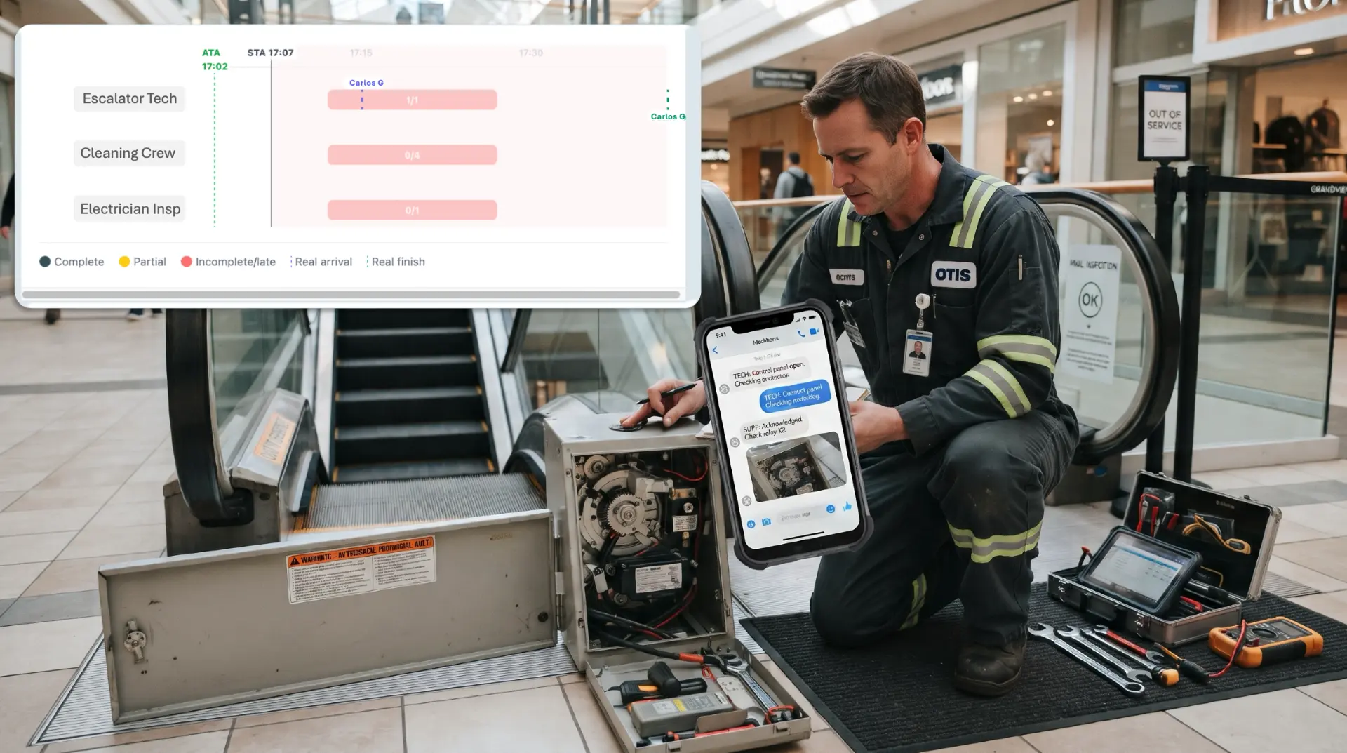 A technician kneels on a protective mat at an open escalator control panel with wrenches and a multimeter, while a floating timeline card shows Escalator Tech, Cleaning Crew, and Electrician Insp rows and a phone chat between the technician and a supervisor
