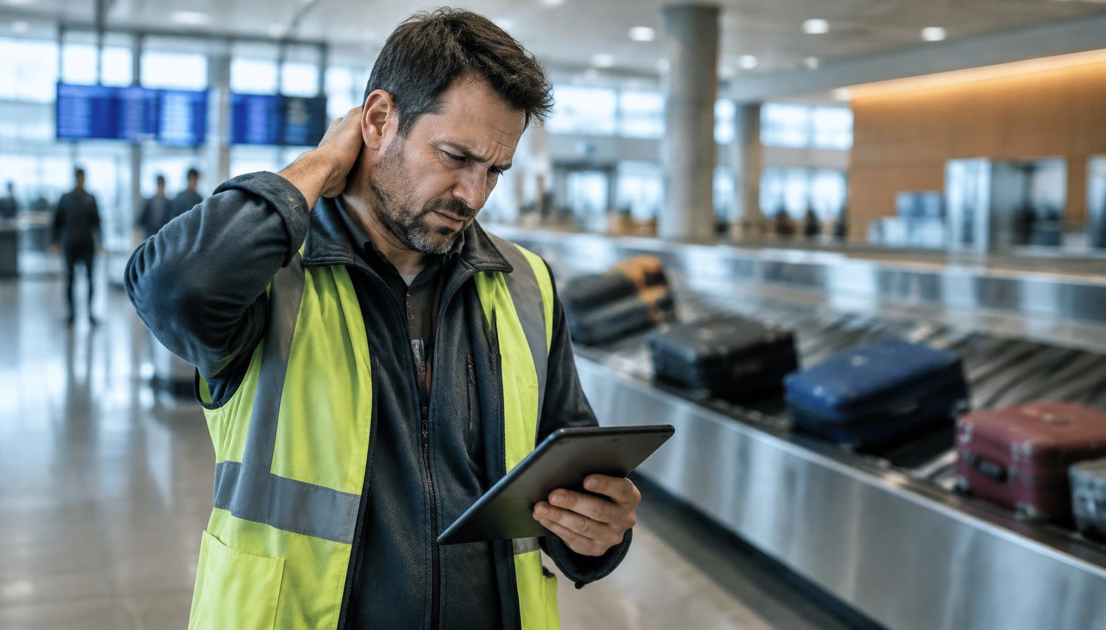An airport ground operations supervisor stands beside a baggage carousel frowning at a tablet he holds in one hand, while bags move on the belt behind him