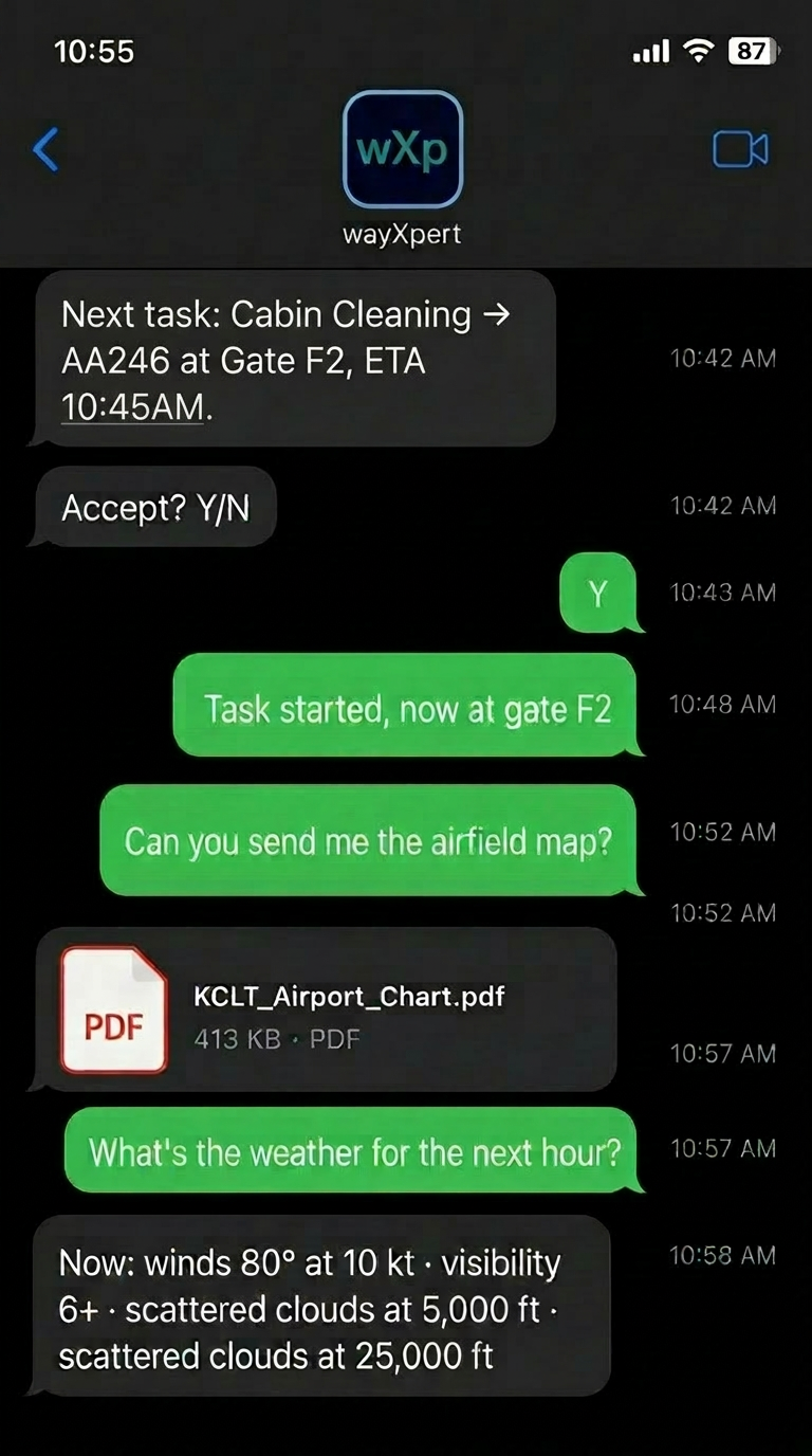 wayXpert WhatsApp chat showing real-time flight updates